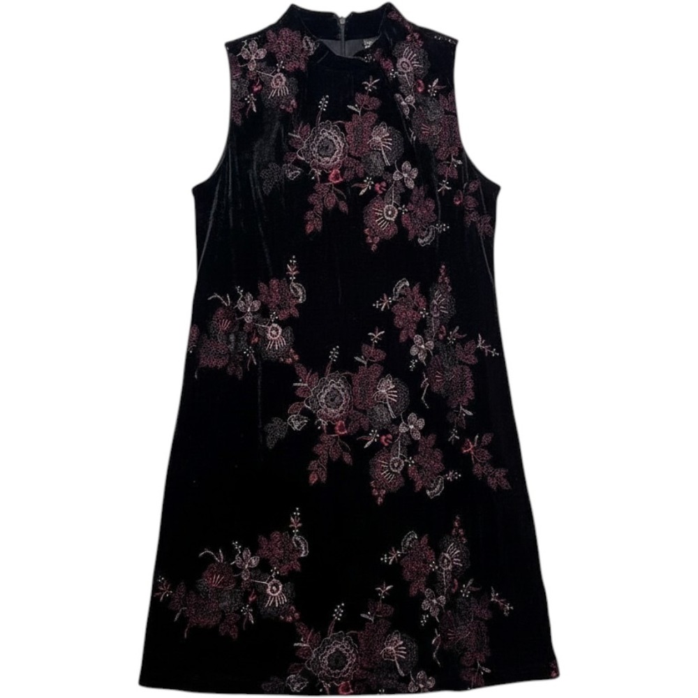Whimsigoth Black Velvet Floral Embroidered Mock Neck Shift Dress Small Romantic